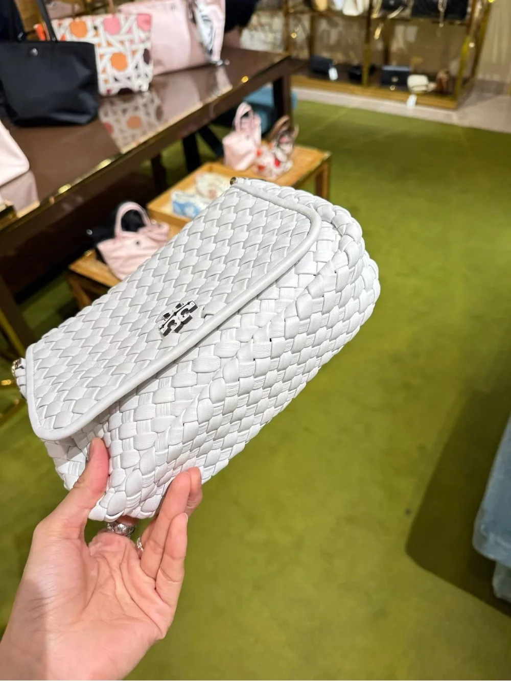 Tory Burch Thea Woven Leather Flap Crossbody in White NWT